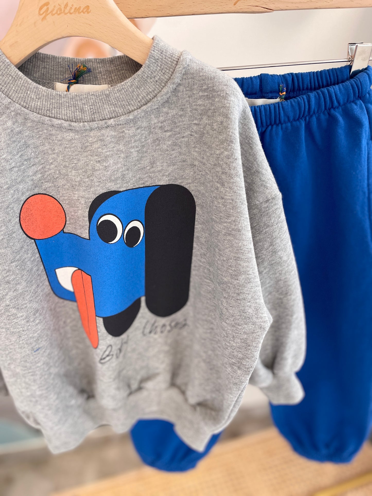Completo sportivo felpa stampa cagnolino pantalone bluette e giubbino reversibile