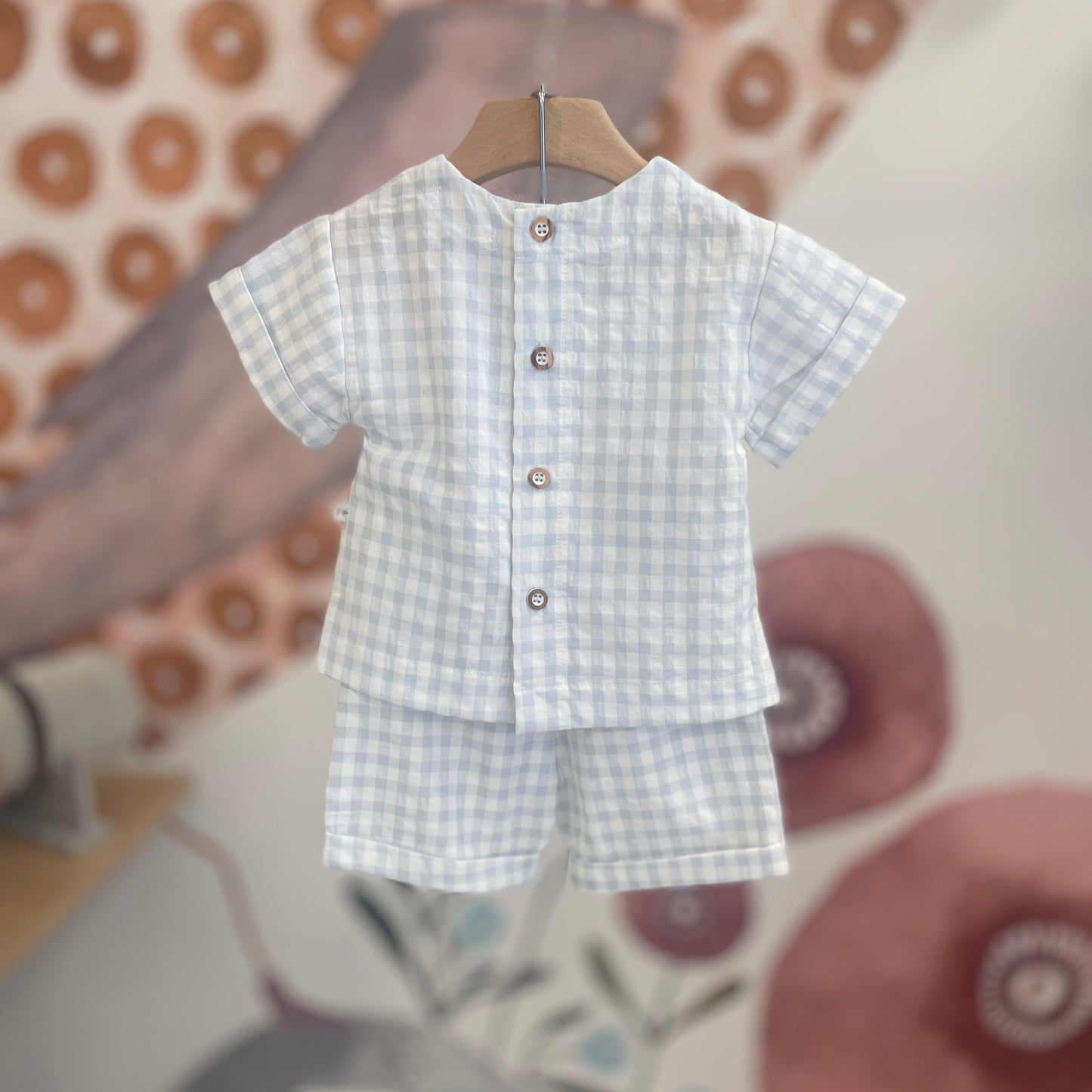 Camicia vichy con bermuda, pagliaccetto vichy azzurro e body
