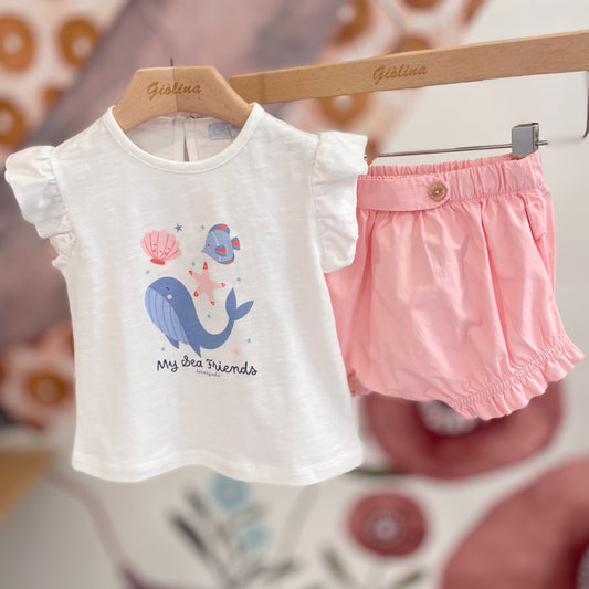 Completo T-shirt balena con bloomer rosa