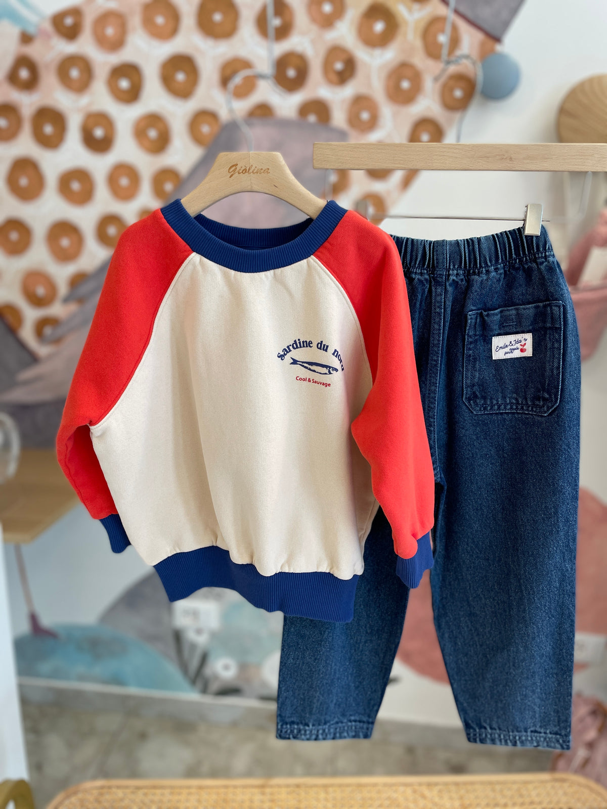 Felpa color block stampa sardine con denim o pantalone velluto, t-shirt stampe varie