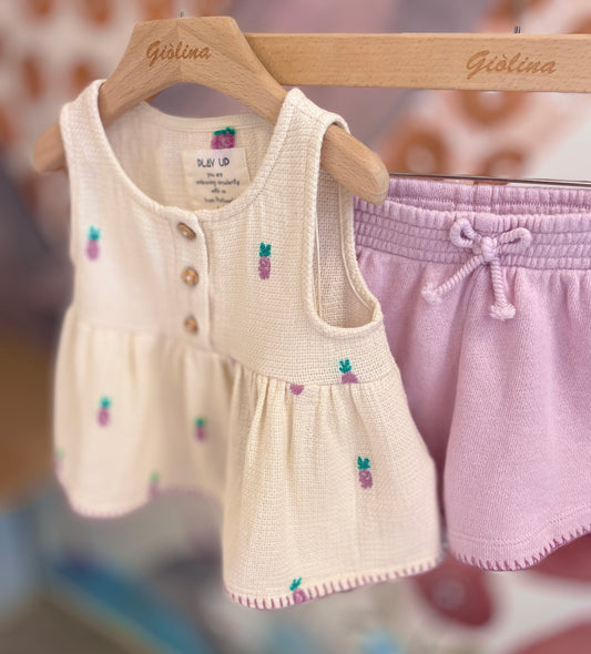 Blusa ananas con shorts in spugna lilla e giacca kimono