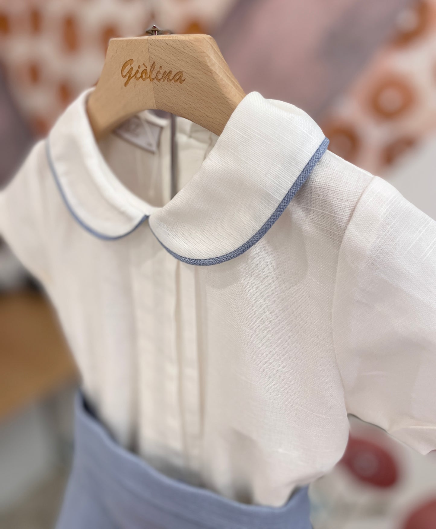 Paggetto cerimonia camicia in lino con colletto rotondo bermuda e cintura
