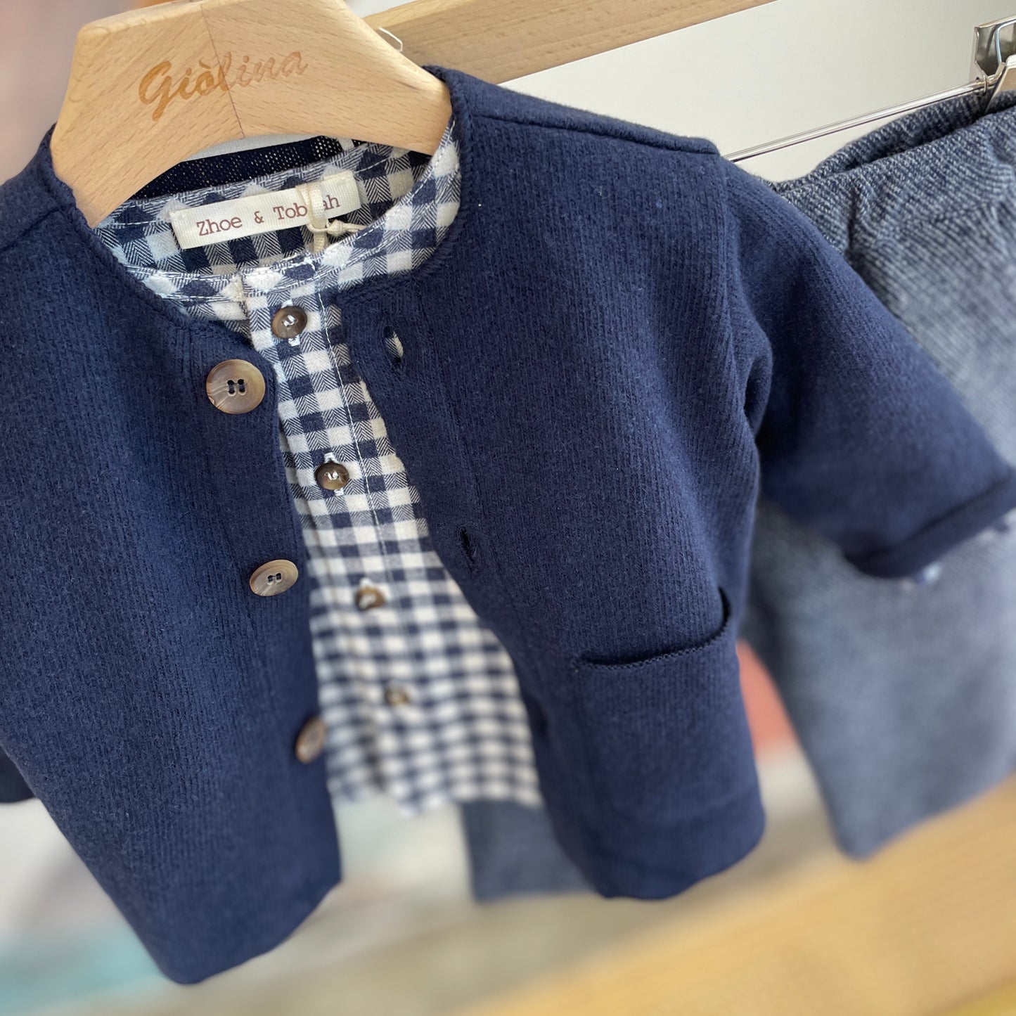 Cardigan con pantalone spigato in cotone caldo e camicia flanella check