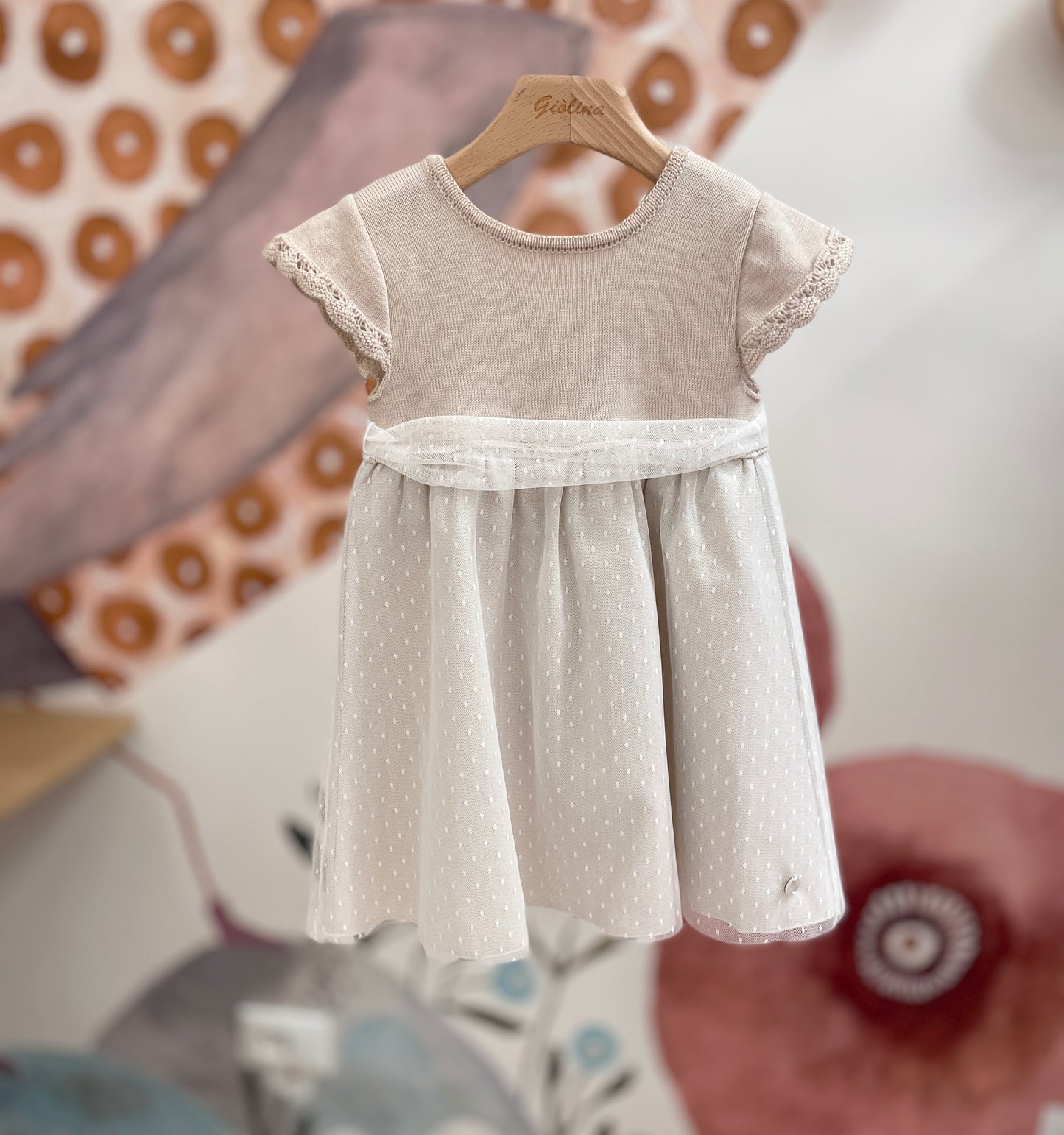 Abitini corpino di cotone ecru con gonna in tulle pois