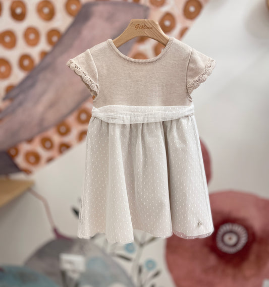 Abitini corpino di cotone ecru con gonna in tulle pois