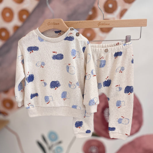 Completo baby in cotone garzato mele azzurre