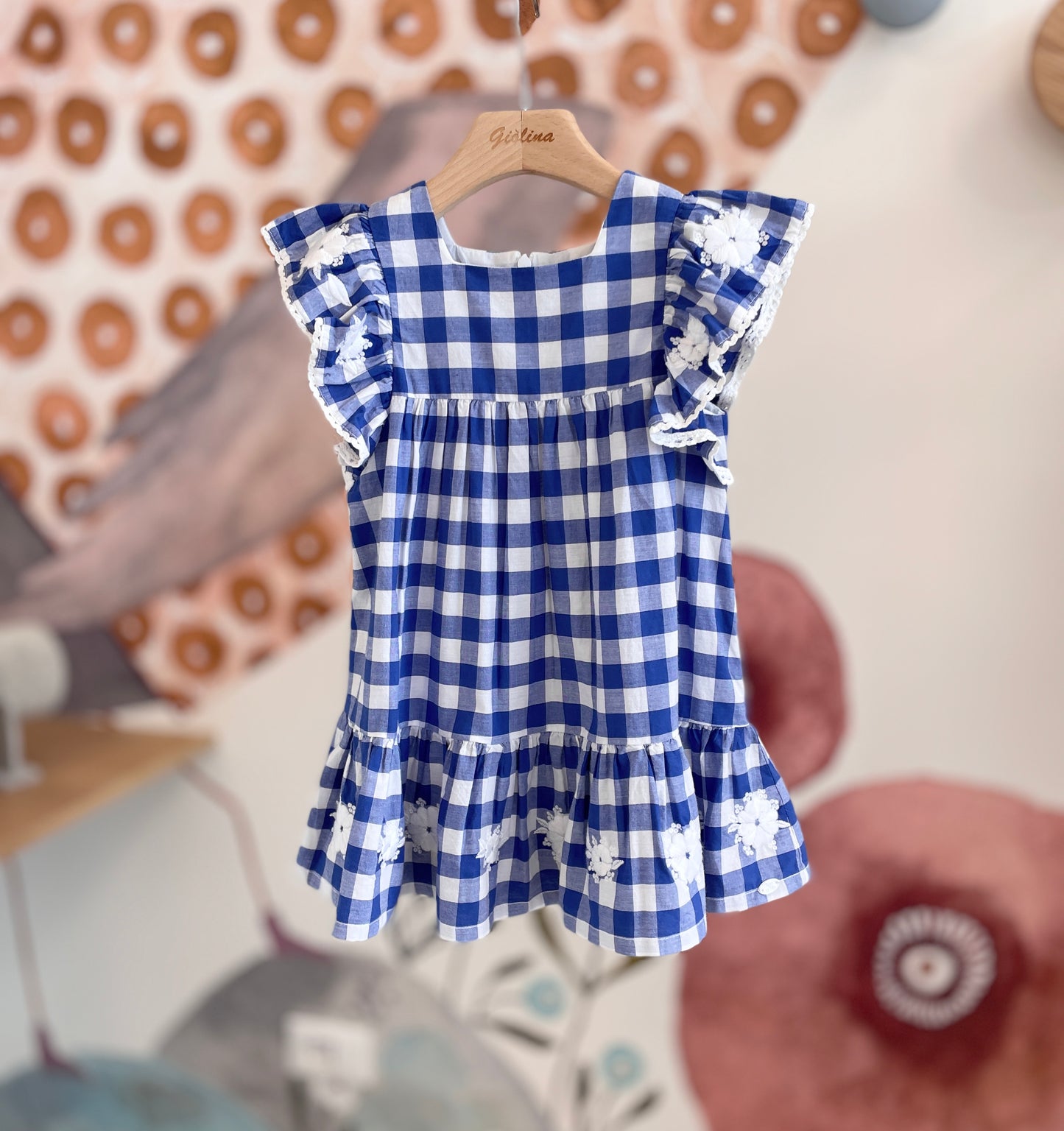Abito vichy bluette smanicato in cotone ricamato
