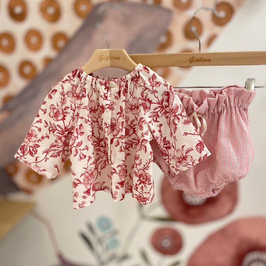 Completo giacchina in lino flax con stampa color melograno e coulotte rigata