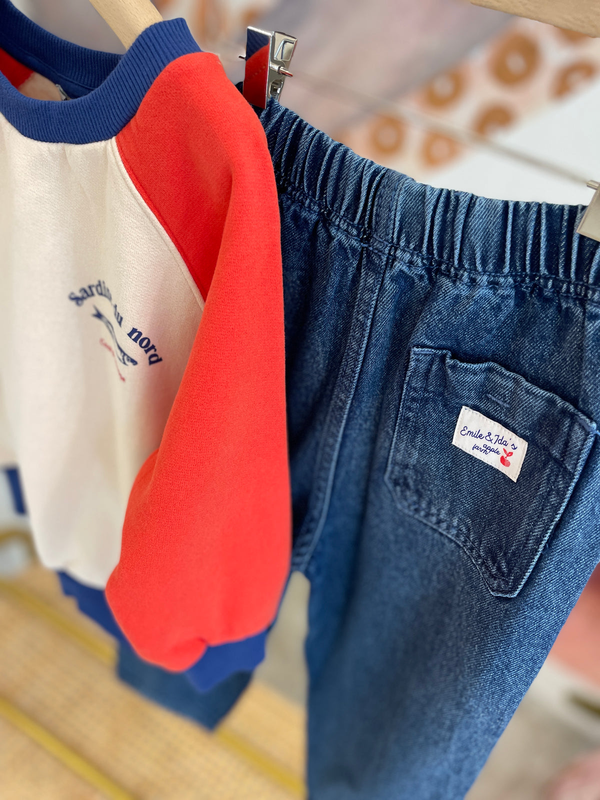 Felpa color block stampa sardine con denim o pantalone velluto, t-shirt stampe varie