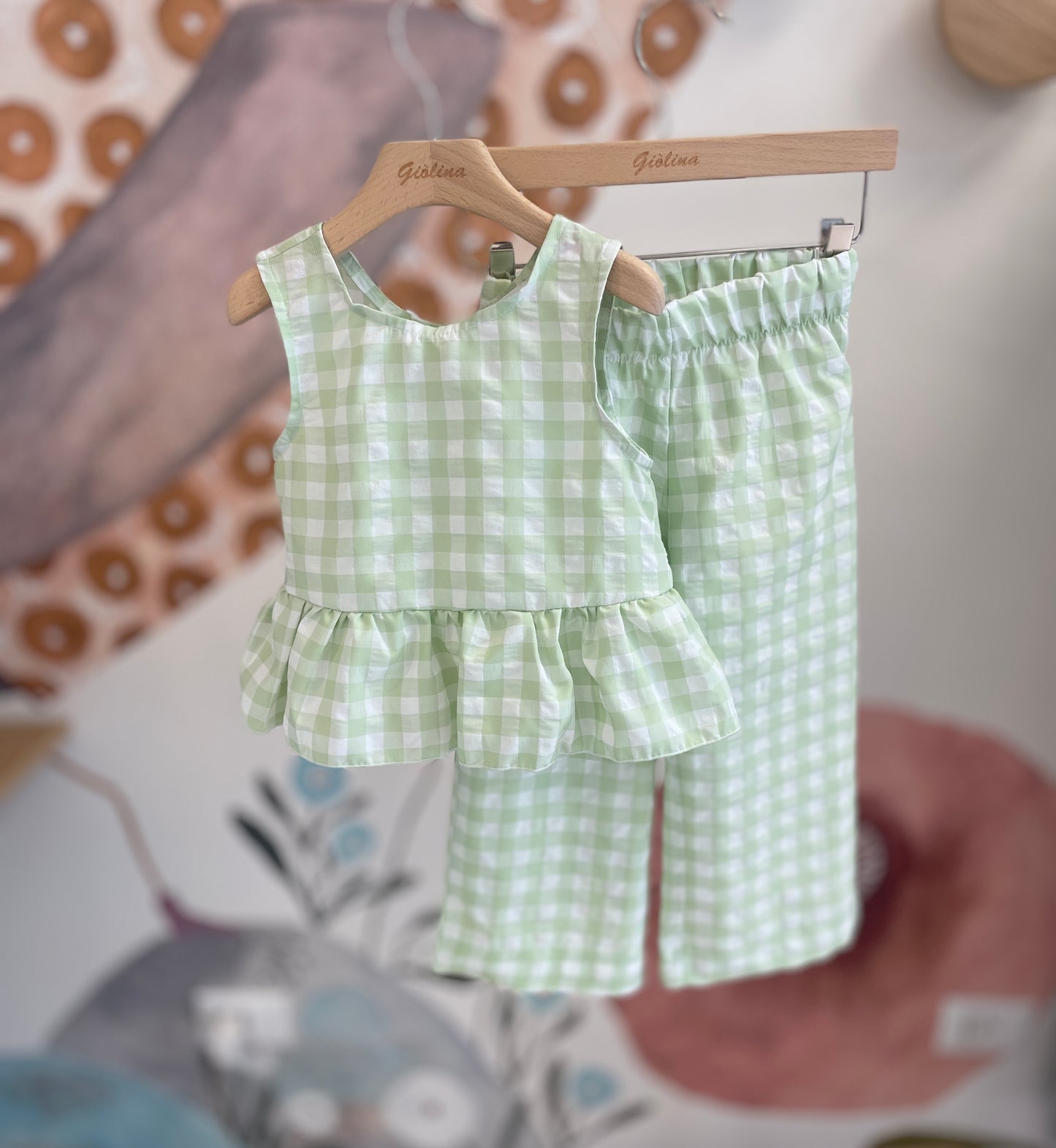 Completo top e pantalone stampa vichy lime