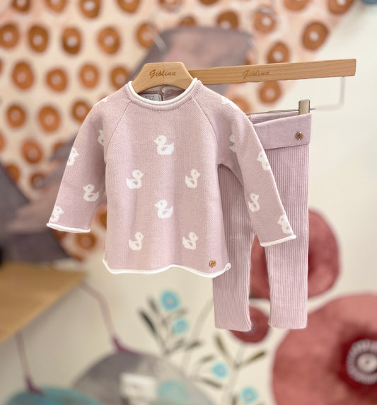 Completo in cotone maglia rosa con paperelle e leggings a costine