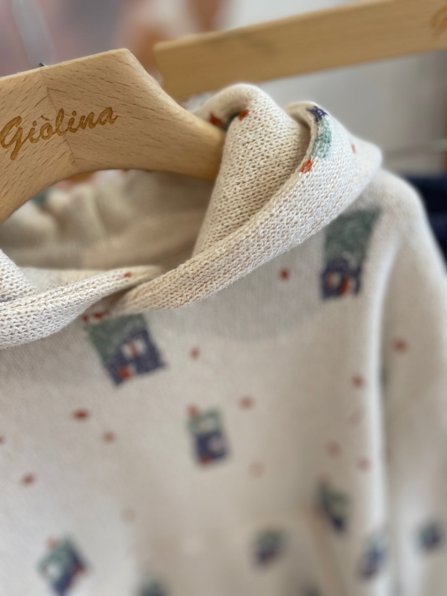 Felpina con cappuccio stampa casette e pantalone avio
