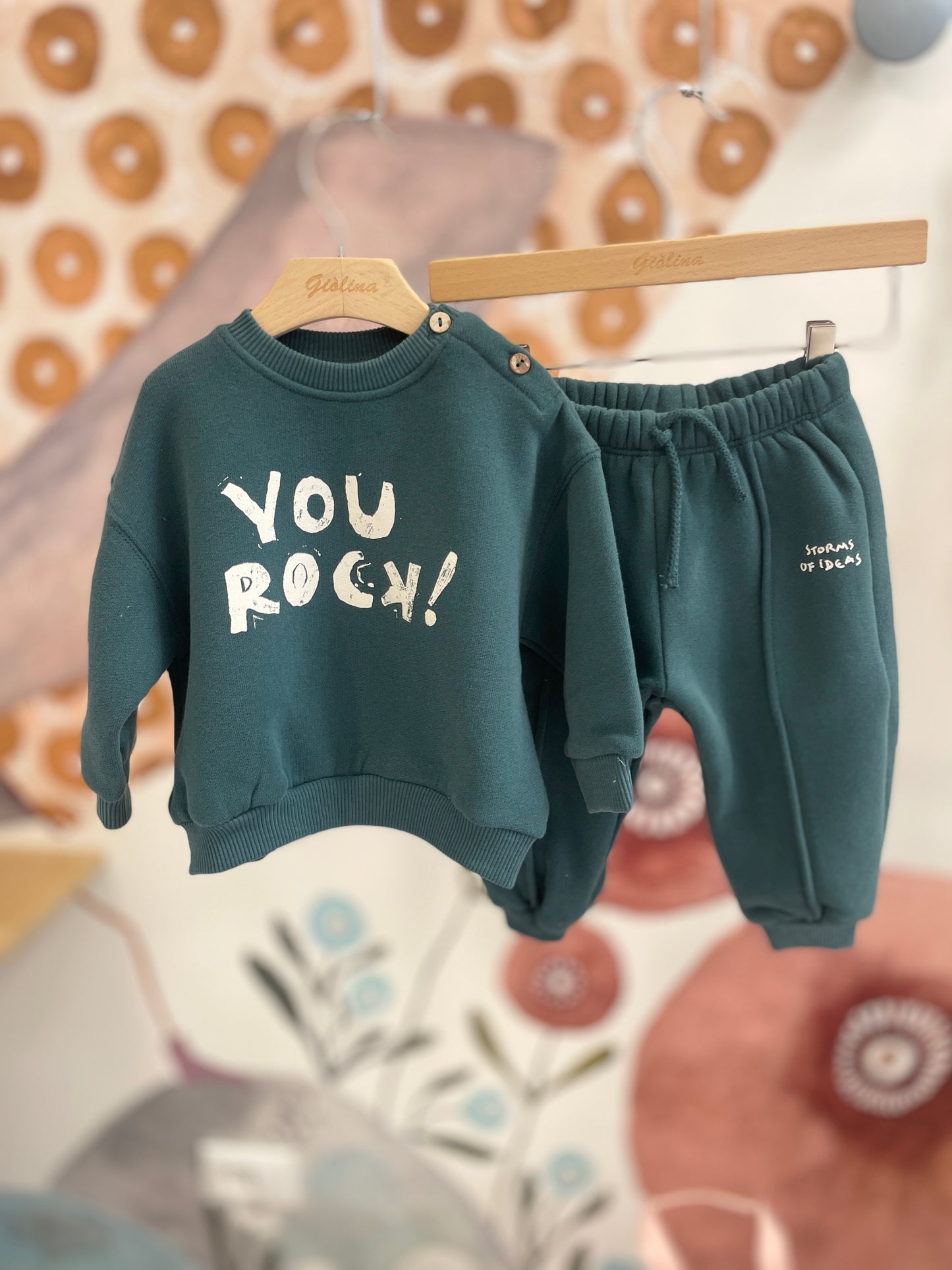 Tuta baby  verde petrolio stampa “ you rock “
