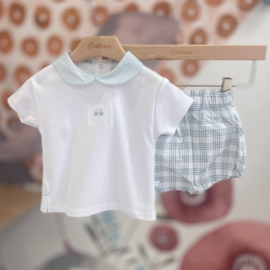 Completo 2 pezzi t-shirt+bloomer check  verde e salopette check con body