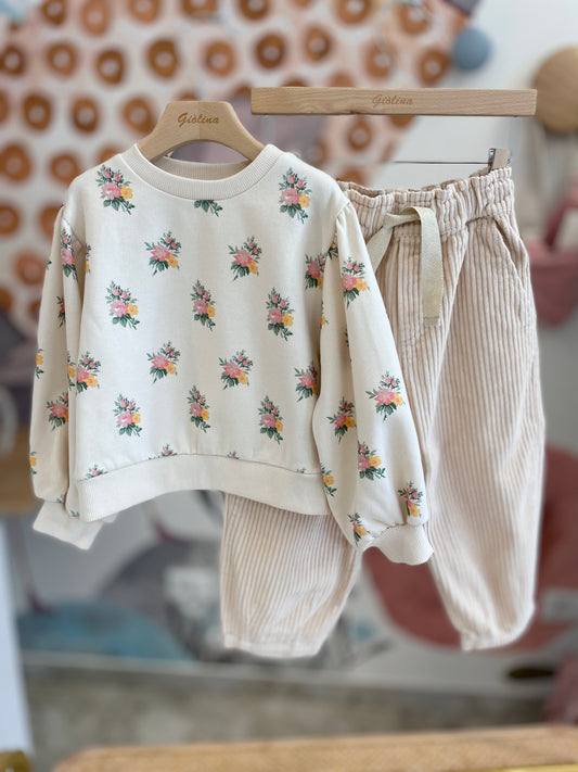 Felpa fiorellini e pantalone in velluto con coulisse