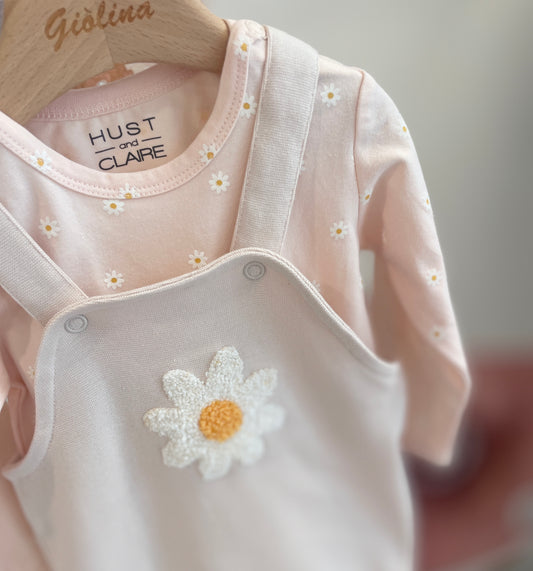 Salopette rosa con Margherita ricamata e body