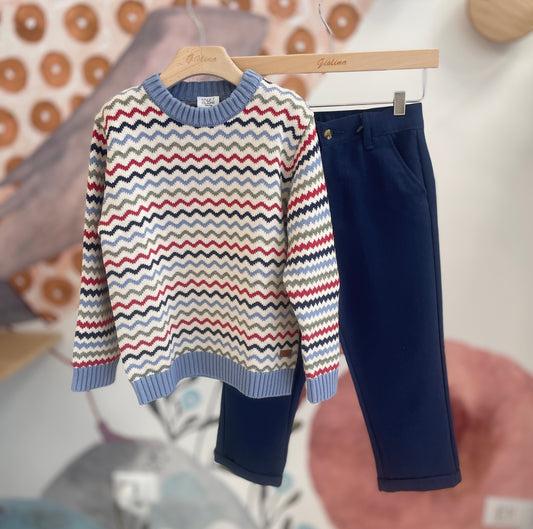 Maglia girocollo multicolor con pantalone blu bi stretch