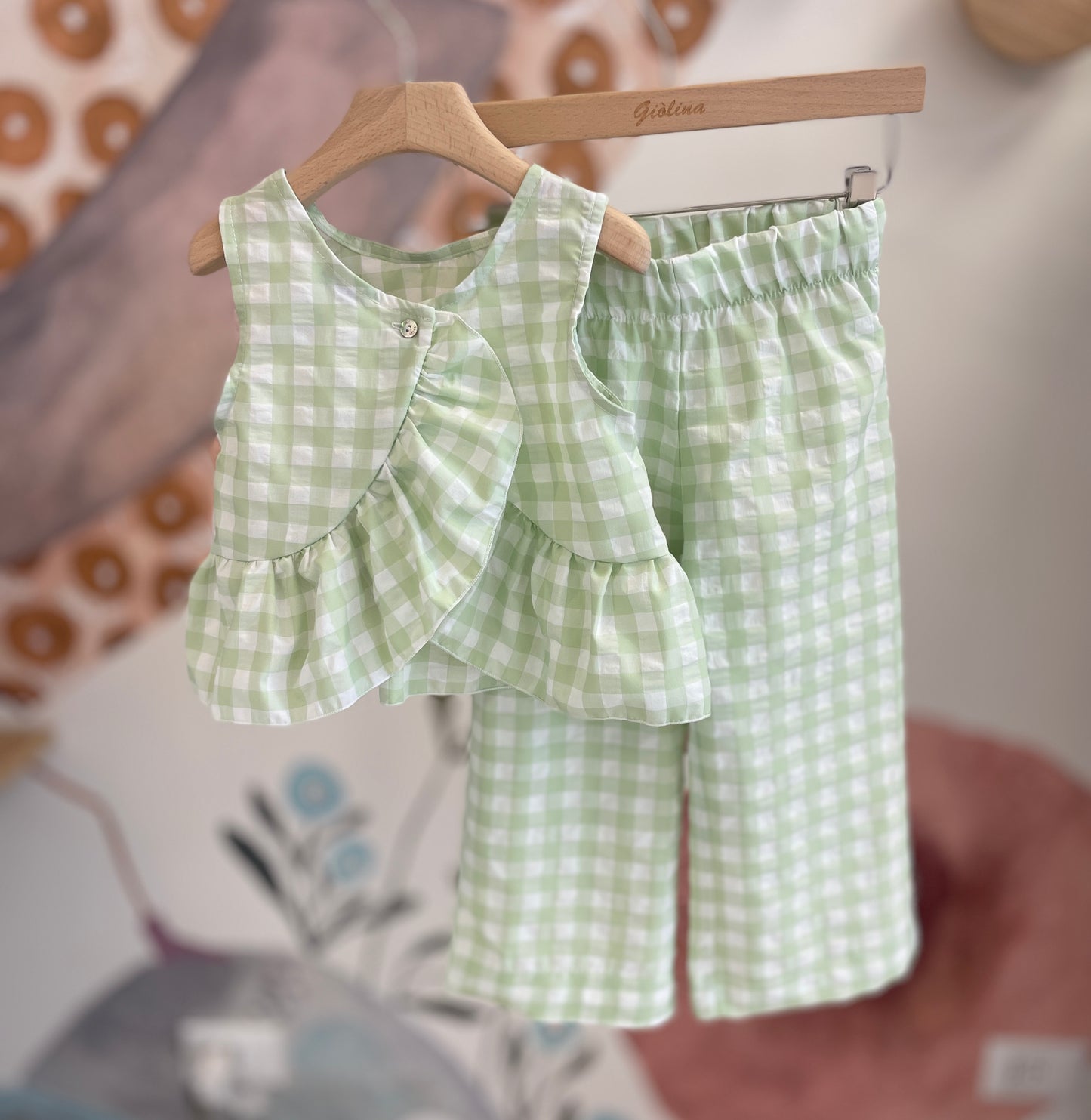 Completo top e pantalone stampa vichy lime