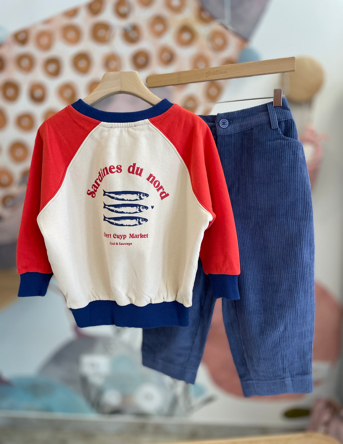 Felpa color block stampa sardine con denim o pantalone velluto, t-shirt stampe varie
