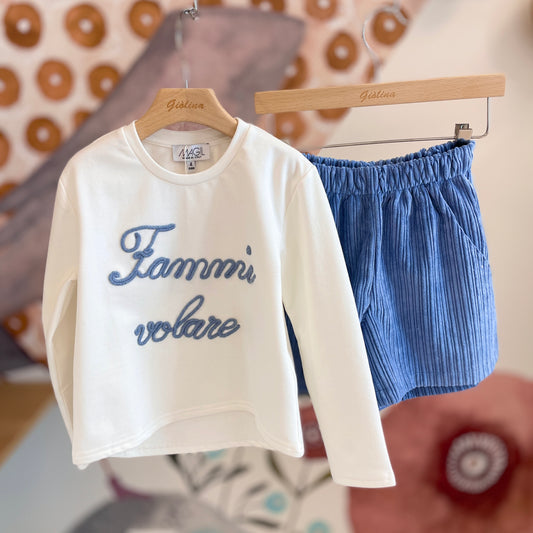 Felpina “ fammi volare “ t-shirt baule pullover e shorts azzurro velluto