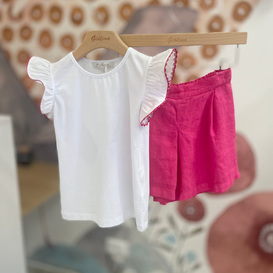 Completo t-shirt con alette profilo fucsia e bermuda in lino
