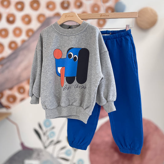 Completo sportivo felpa stampa cagnolino pantalone bluette e giubbino reversibile