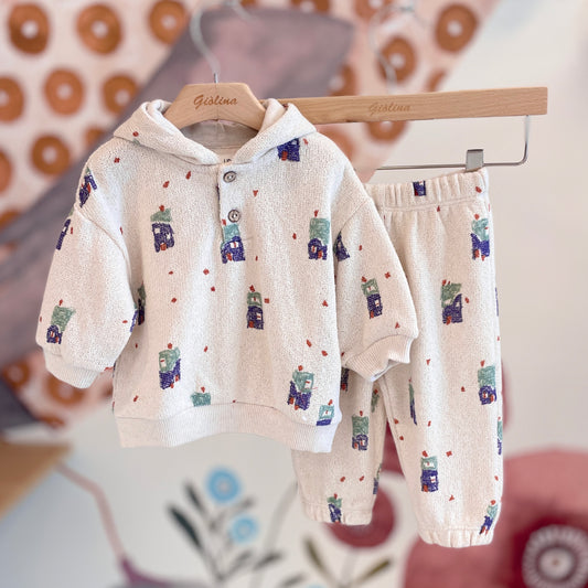Completo felpa e pantalone in caldo cotone con stampa casette