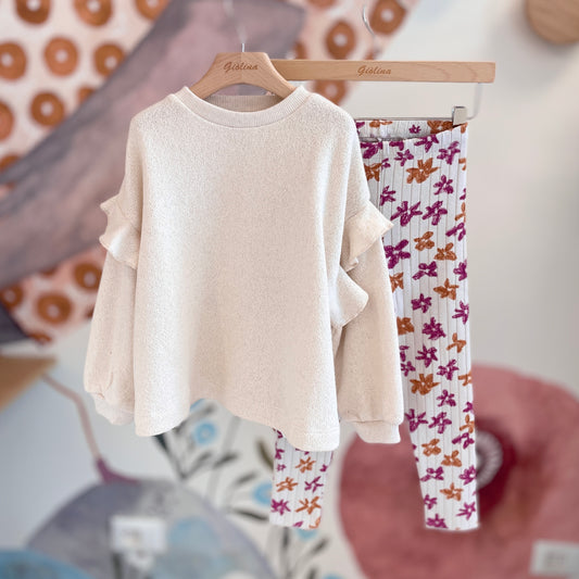 Felpa in cotone caldo e leggings fiorato felpato a coste