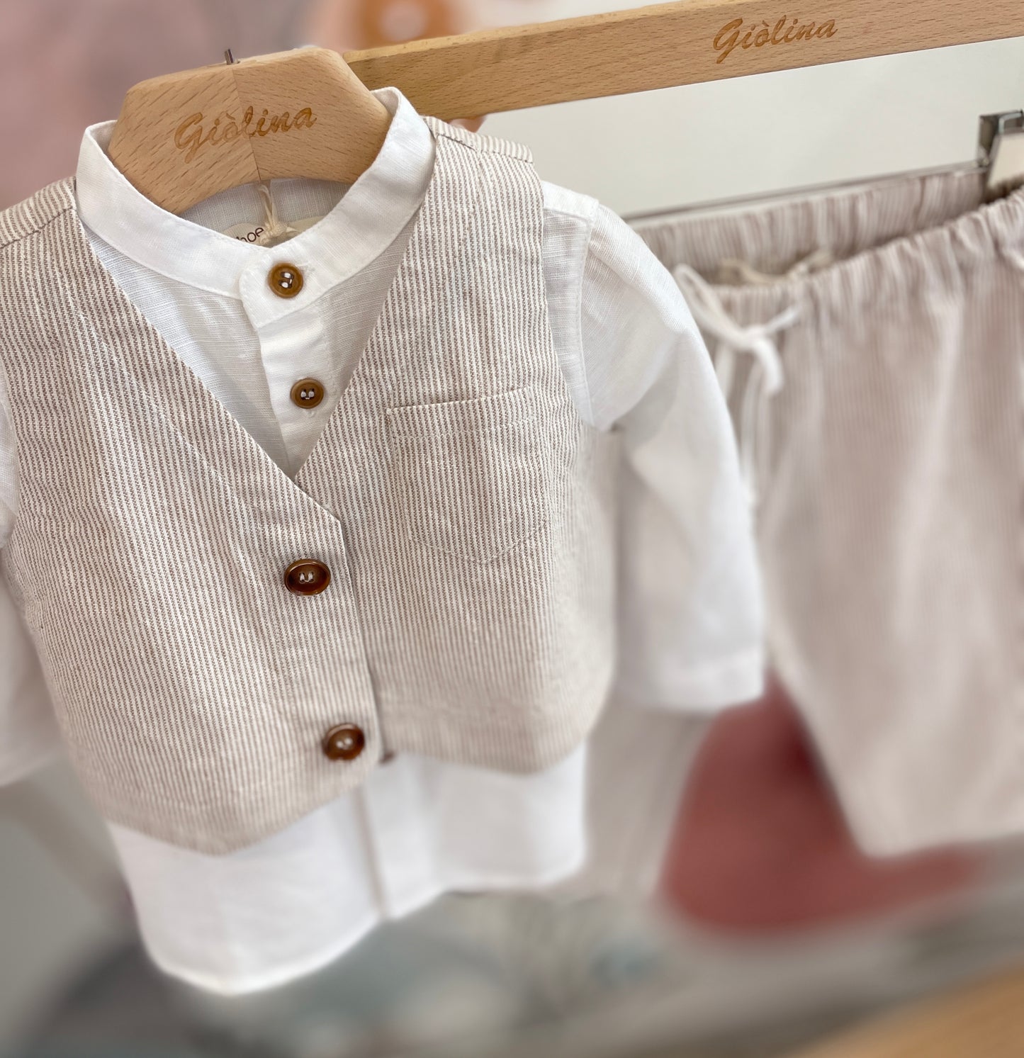 Completo baby e kid, camicia lino coreana, pantalone e gilet