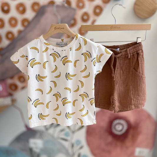T-shirt stampa banane con bermuda in garza cacao