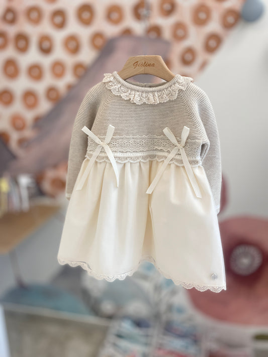 Abito con corpetto ricamato beige in cotone e cachemire