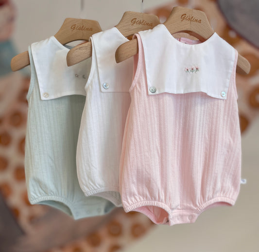 Pagliaccetti in cotone organico verde acqua, rosa e bianco