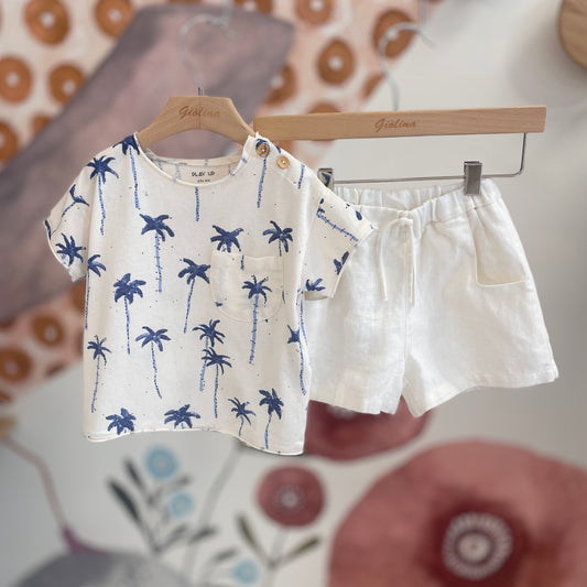 T-shirt stampa palme e shorts in lino panna