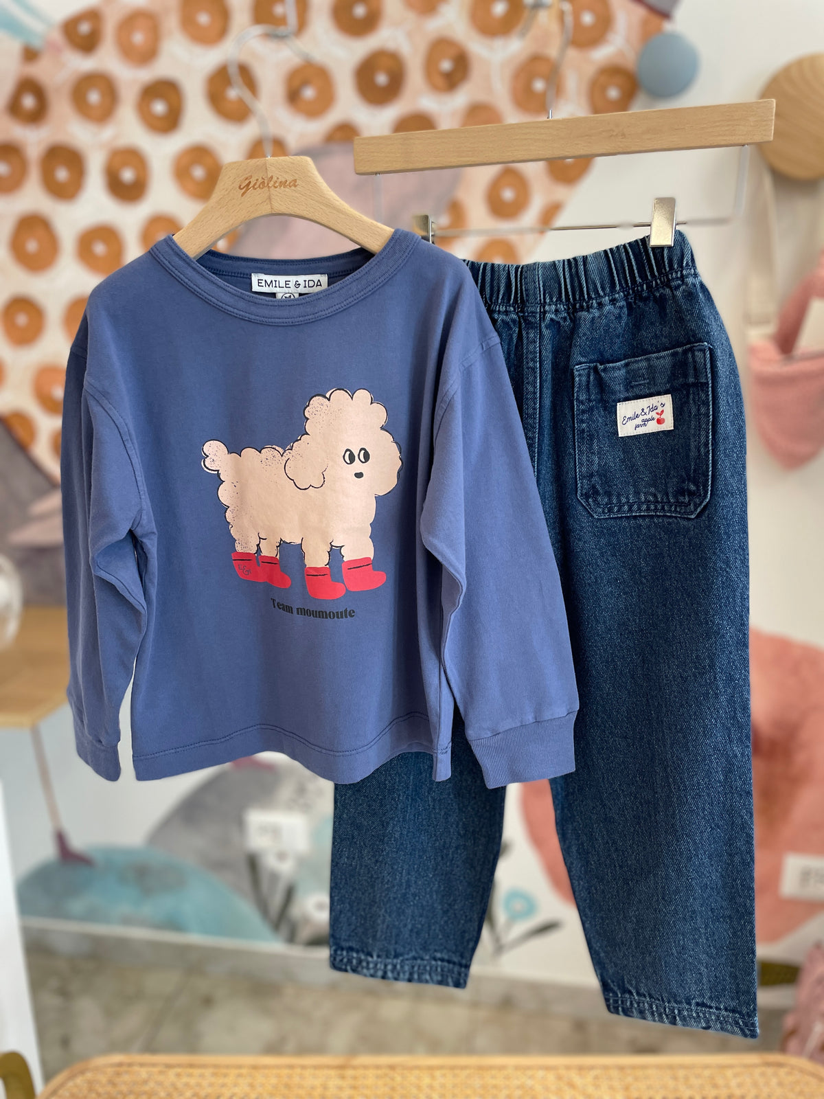 Felpa color block stampa sardine con denim o pantalone velluto, t-shirt stampe varie