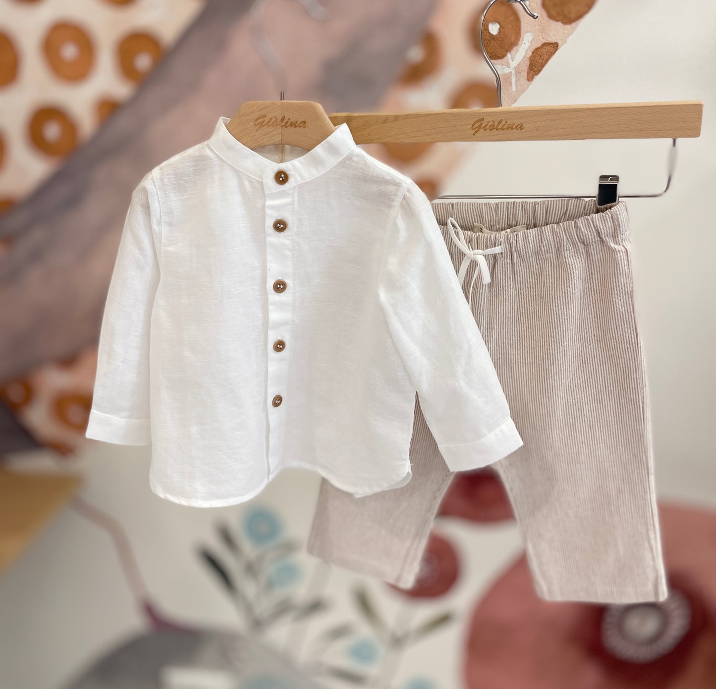 Completo baby e kid, camicia lino coreana, pantalone e gilet