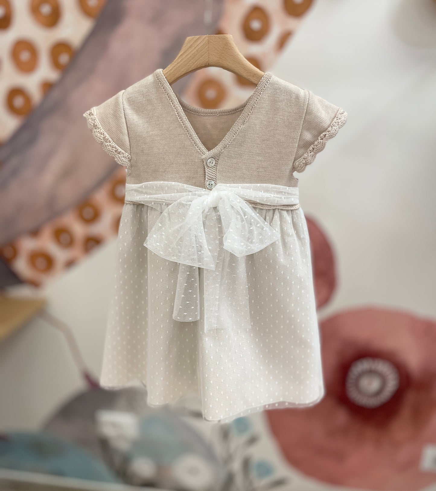 Abitini corpino di cotone ecru con gonna in tulle pois