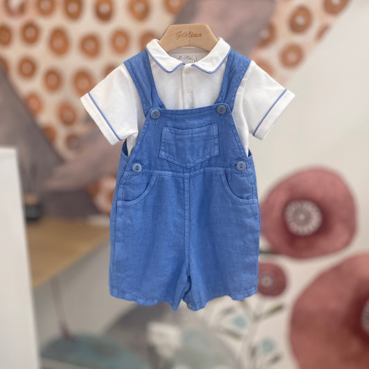 Salopette in lino bluette+polo bianca con profilo in tinta