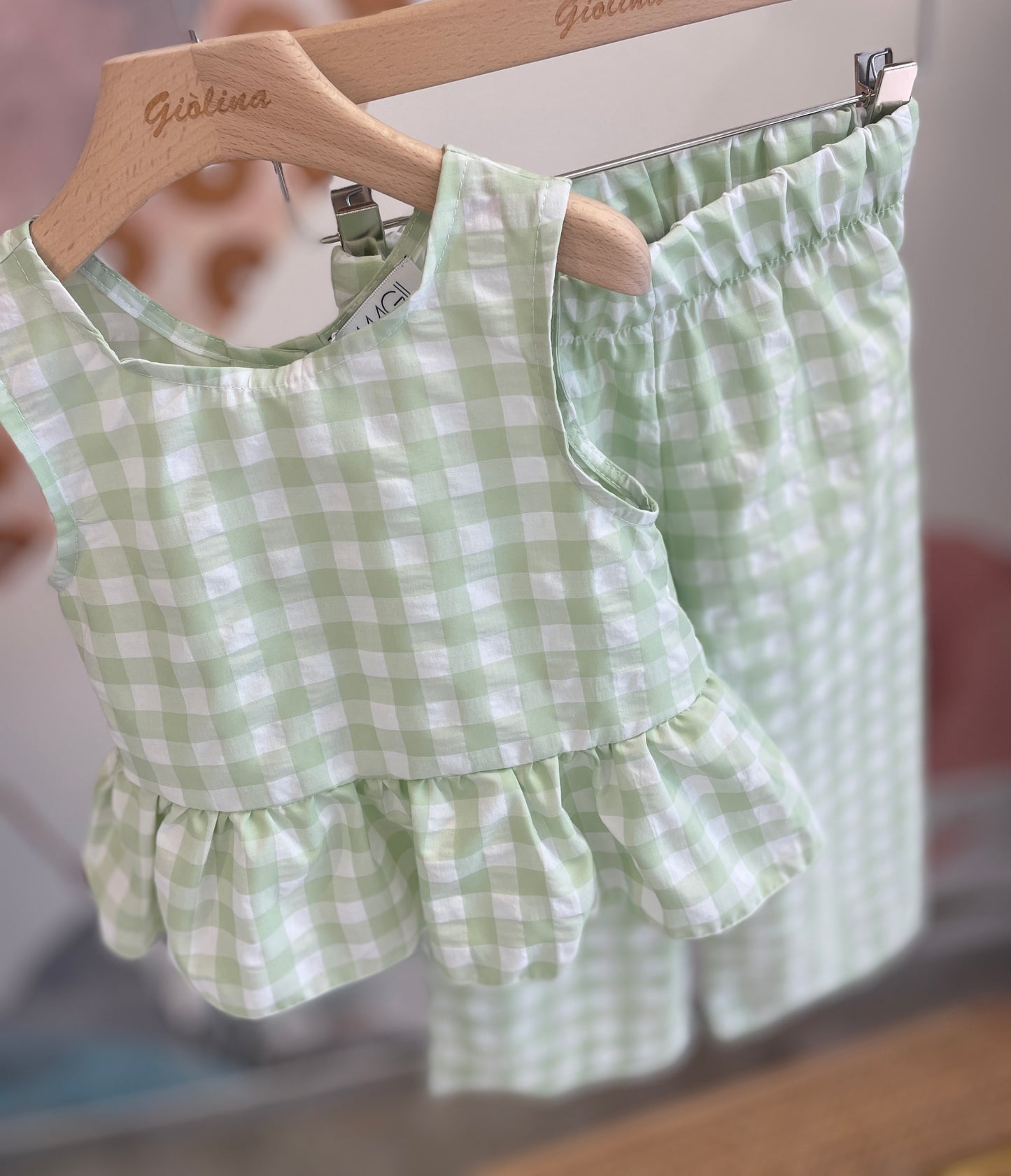 Completo top e pantalone stampa vichy lime