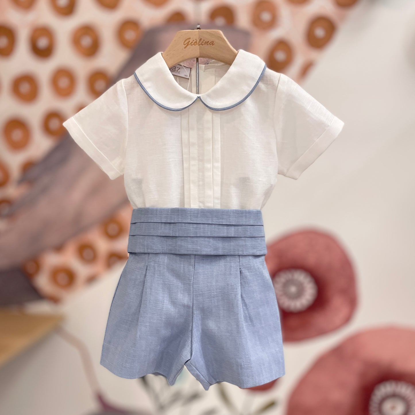 Paggetto cerimonia camicia in lino con colletto rotondo bermuda e cintura