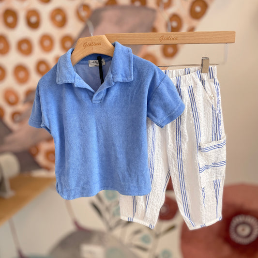 Polo bluette in spugna e pantalone lungo leggero gessato
