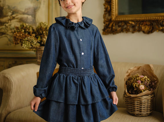 Camicia denim con colletto e gonna doppia balza in denim