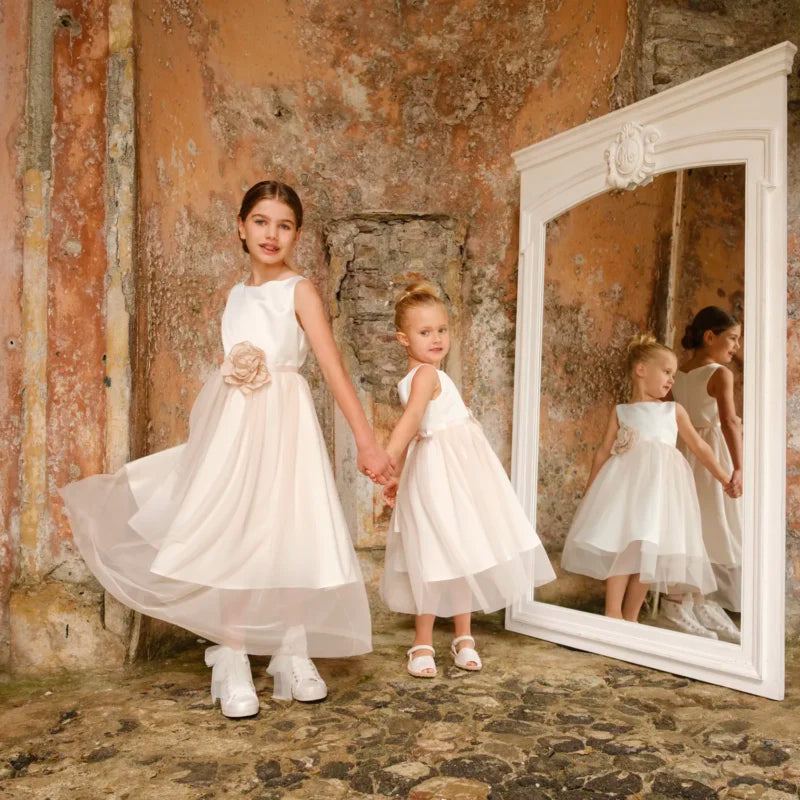 Abito cerimonia mikado con gonna in tulle rosa
