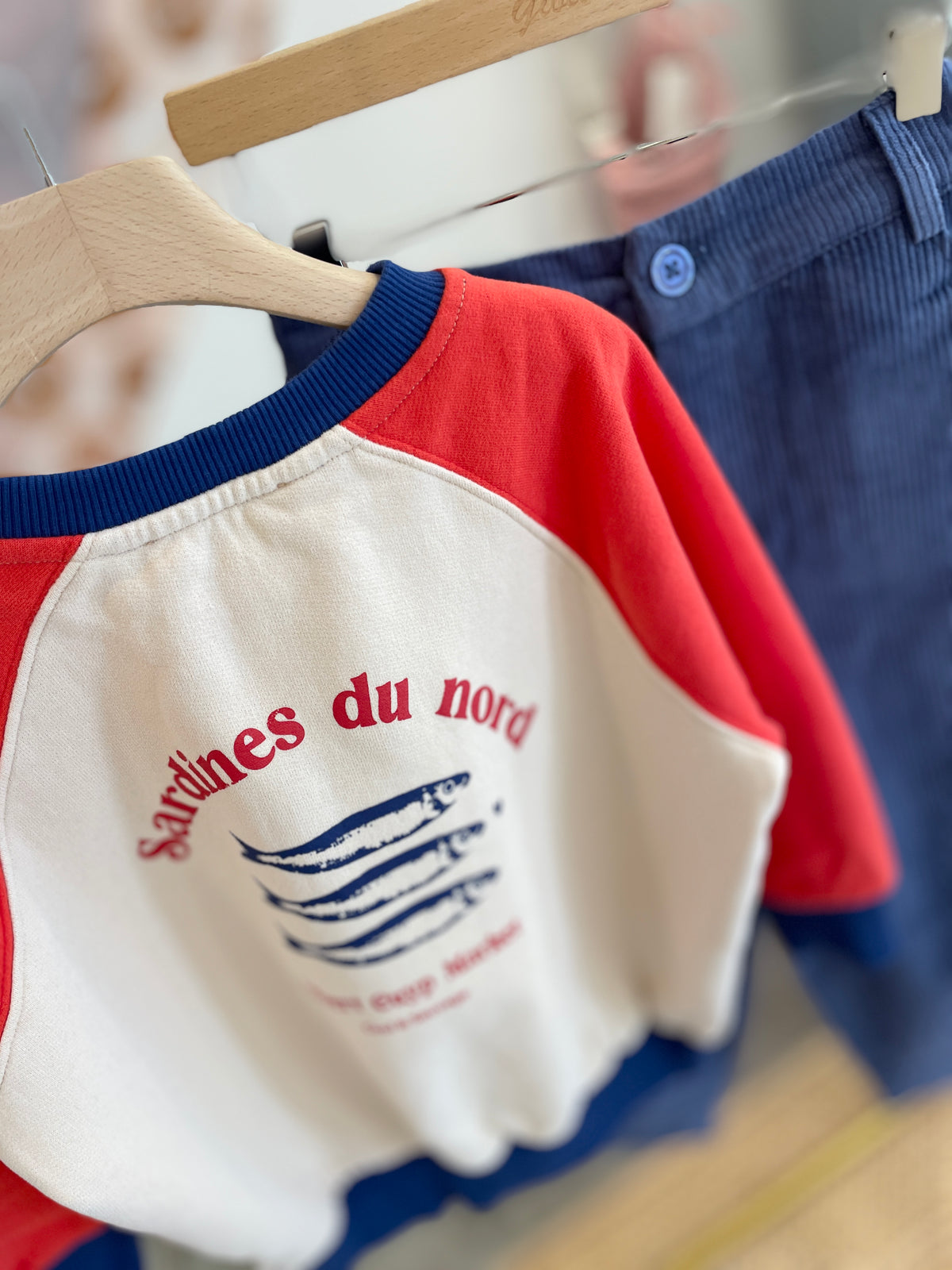 Felpa color block stampa sardine con denim o pantalone velluto, t-shirt stampe varie
