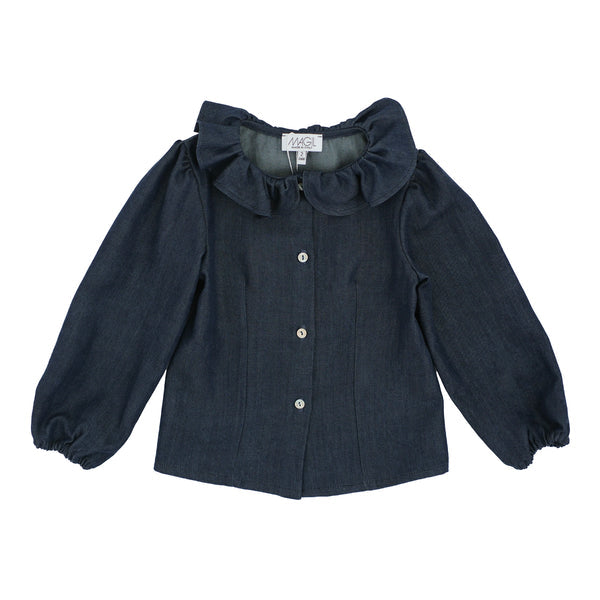 Camicia denim con colletto e gonna doppia balza in denim