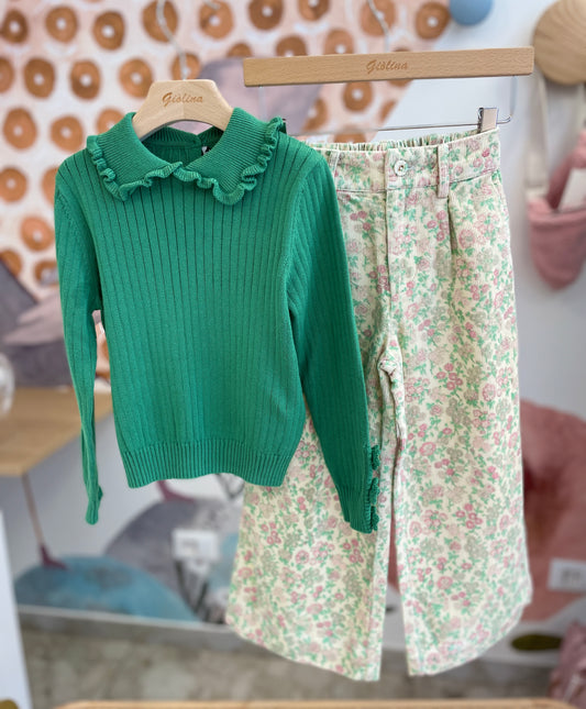 Pullover con rouches e pantalone a fiorellini