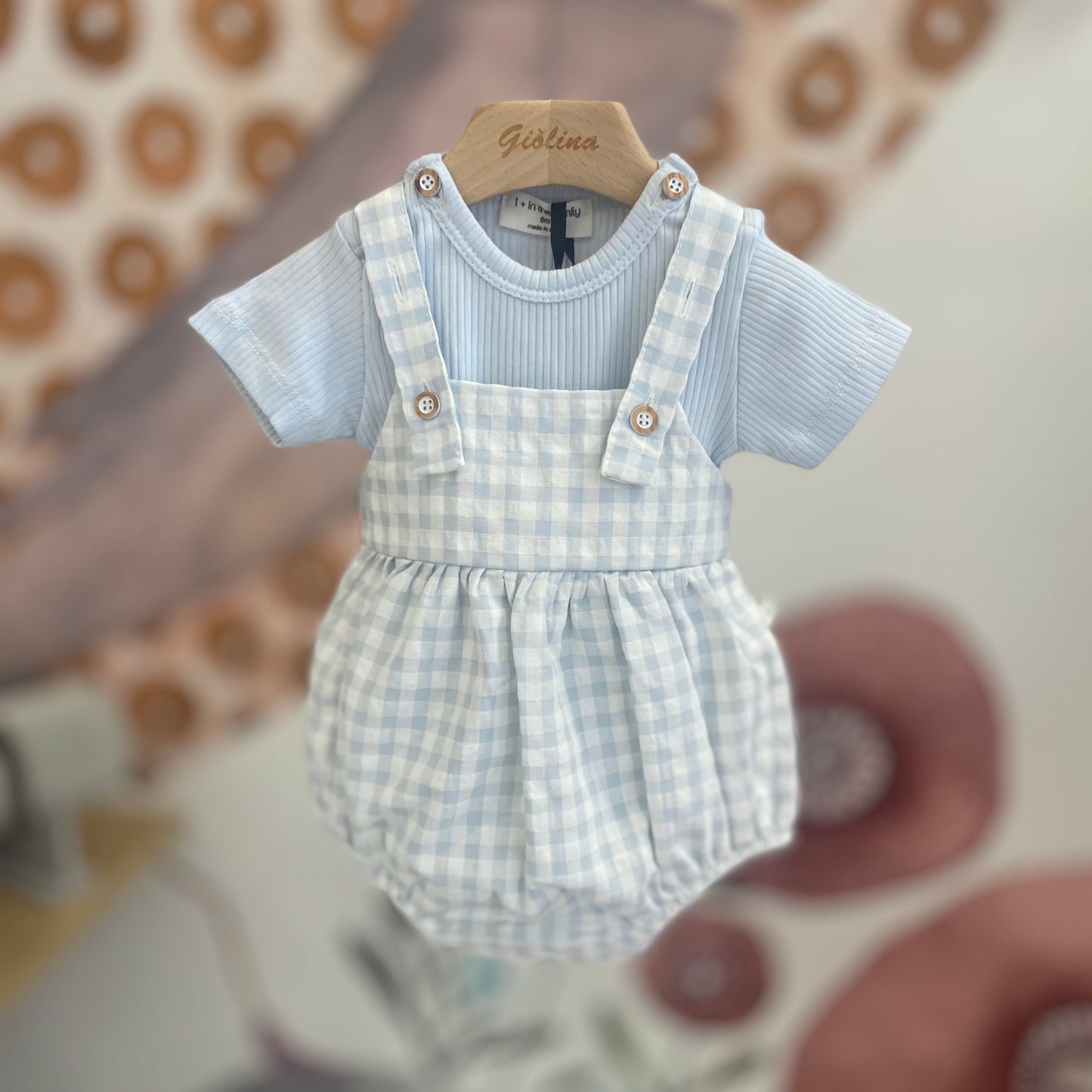 Camicia vichy con bermuda, pagliaccetto vichy azzurro e body