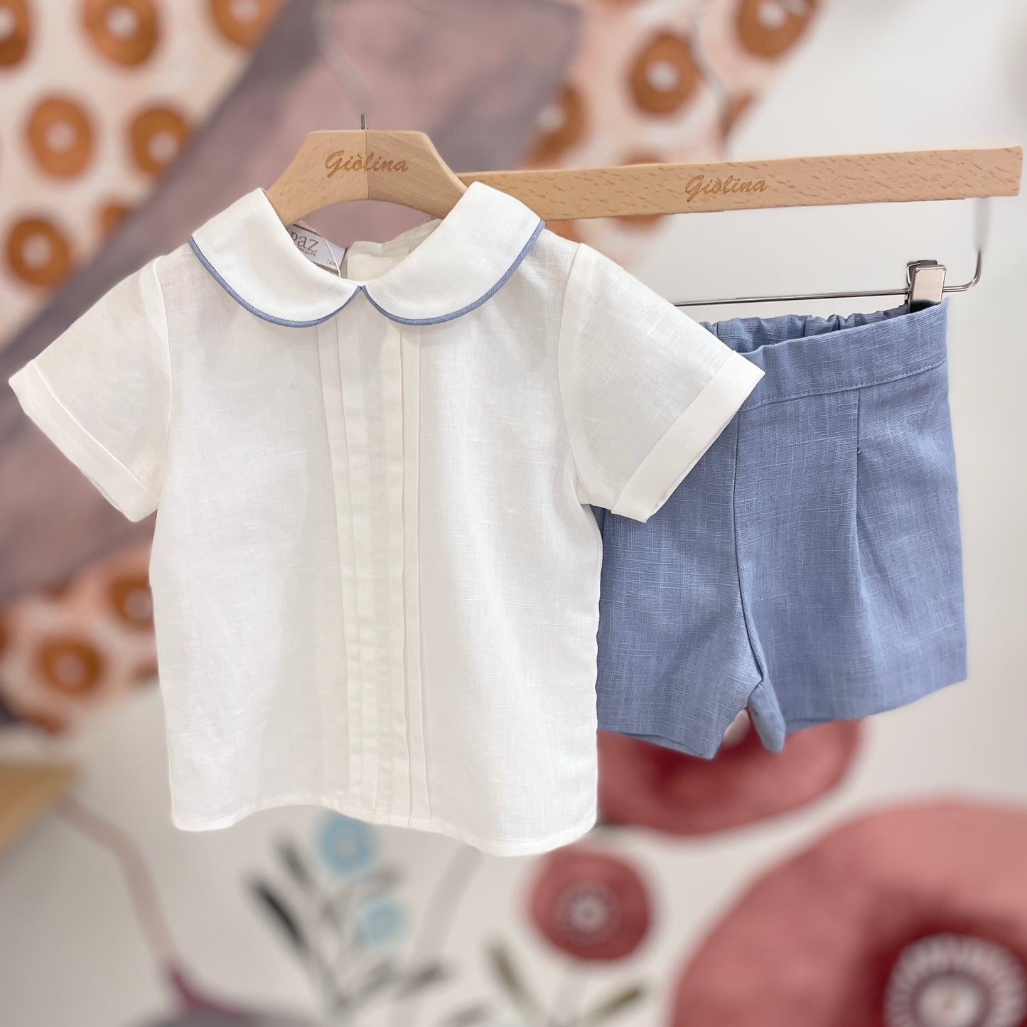 Paggetto cerimonia camicia in lino con colletto rotondo bermuda e cintura
