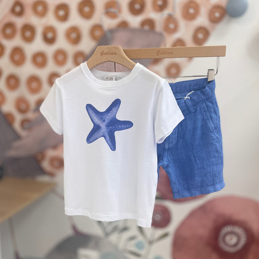 T-shirt stella marina e areoplano con bermuda in lino bluette