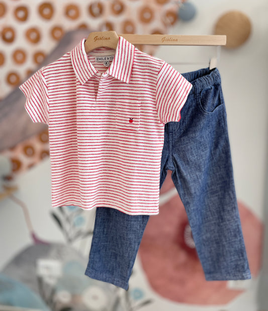 Polo spigna riga rossa con pantalone marino