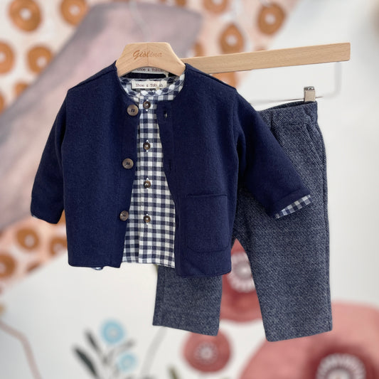 Cardigan con pantalone spigato in cotone caldo e camicia flanella check